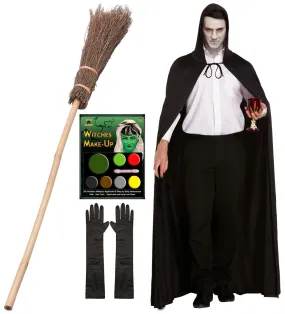 Enchantress Witch Costume Set: Black Hooded Cape, Witch Broom Stick, Long Satin Gloves, and Makeup Palette