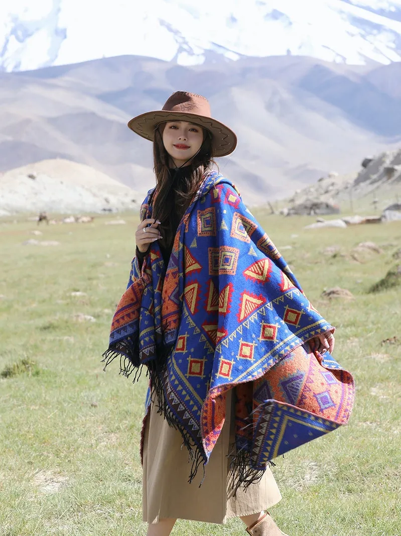 Ethnic style with hat shawl cloak Tibet travel wear photo warm outer cape