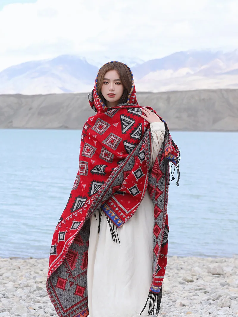 Ethnic style with hat shawl cloak Tibet travel wear photo warm outer cape