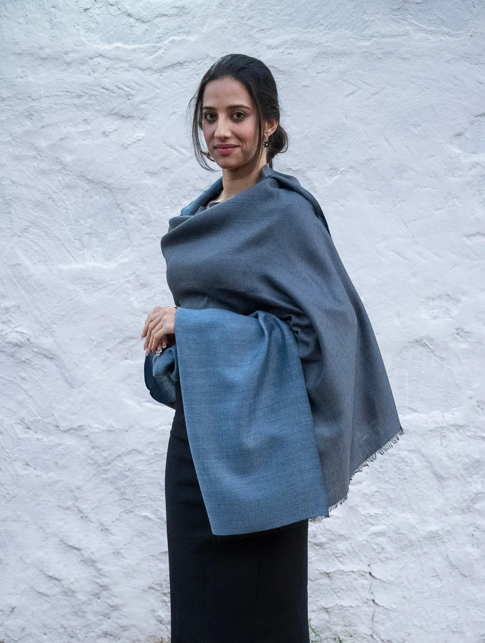 Exclusive Reversible Soft Kashmiri Wool Shawl - Soft Blue & Grey