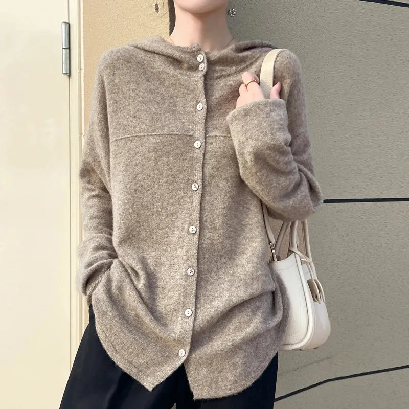 Fall/Winter 2025 new women's cardigan 100% pure wool solid color hooded collar cashmere fashion loose plus size sweater coat