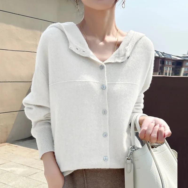 Fall/Winter 2025 new women's cardigan 100% pure wool solid color hooded collar cashmere fashion loose plus size sweater coat