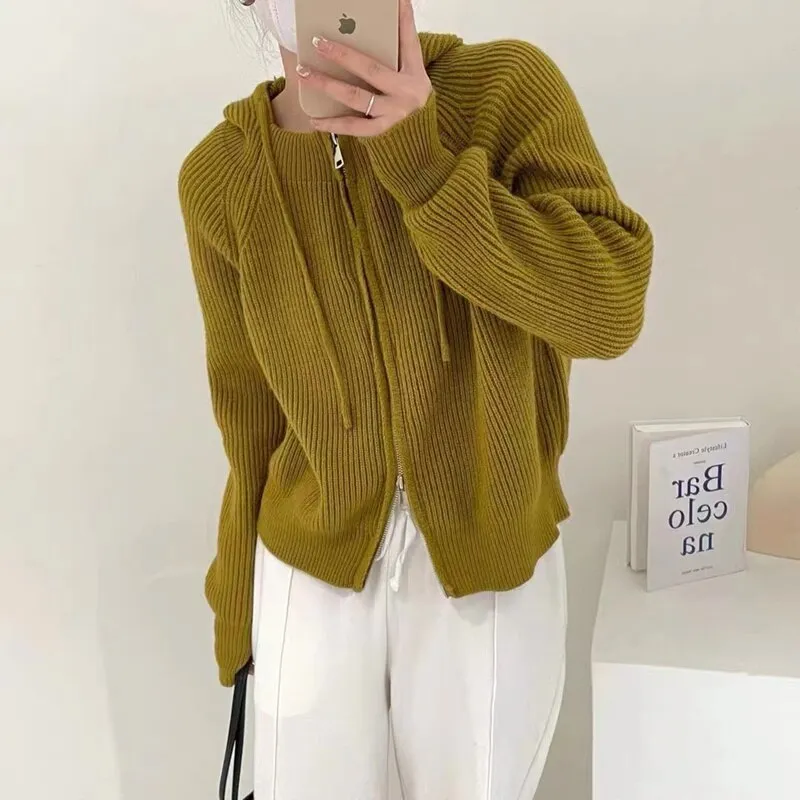 Fashionkova  Double Zipper Hooded Knitted Cashmere Cardigan Women's Autumn Winter Loose Sweater Short Style Hoodie Casual Wool Coat