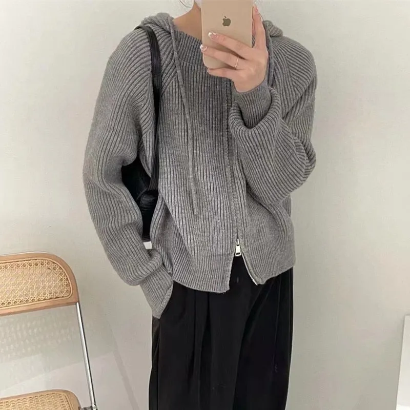 Fashionkova  Double Zipper Hooded Knitted Cashmere Cardigan Women's Autumn Winter Loose Sweater Short Style Hoodie Casual Wool Coat