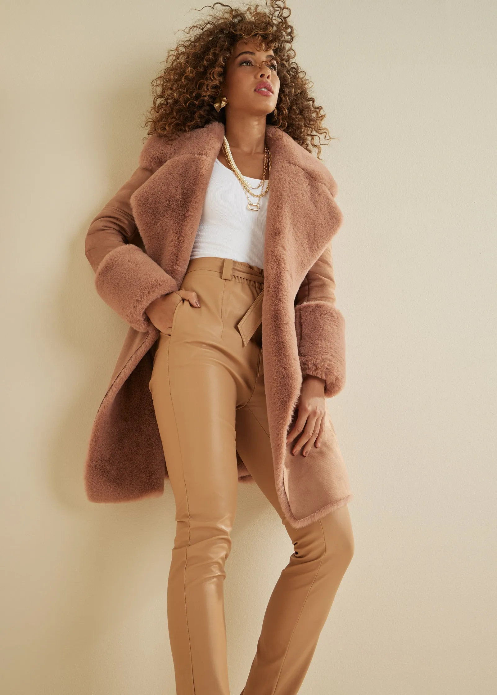 Faux Fur And Suede Coat - Camel