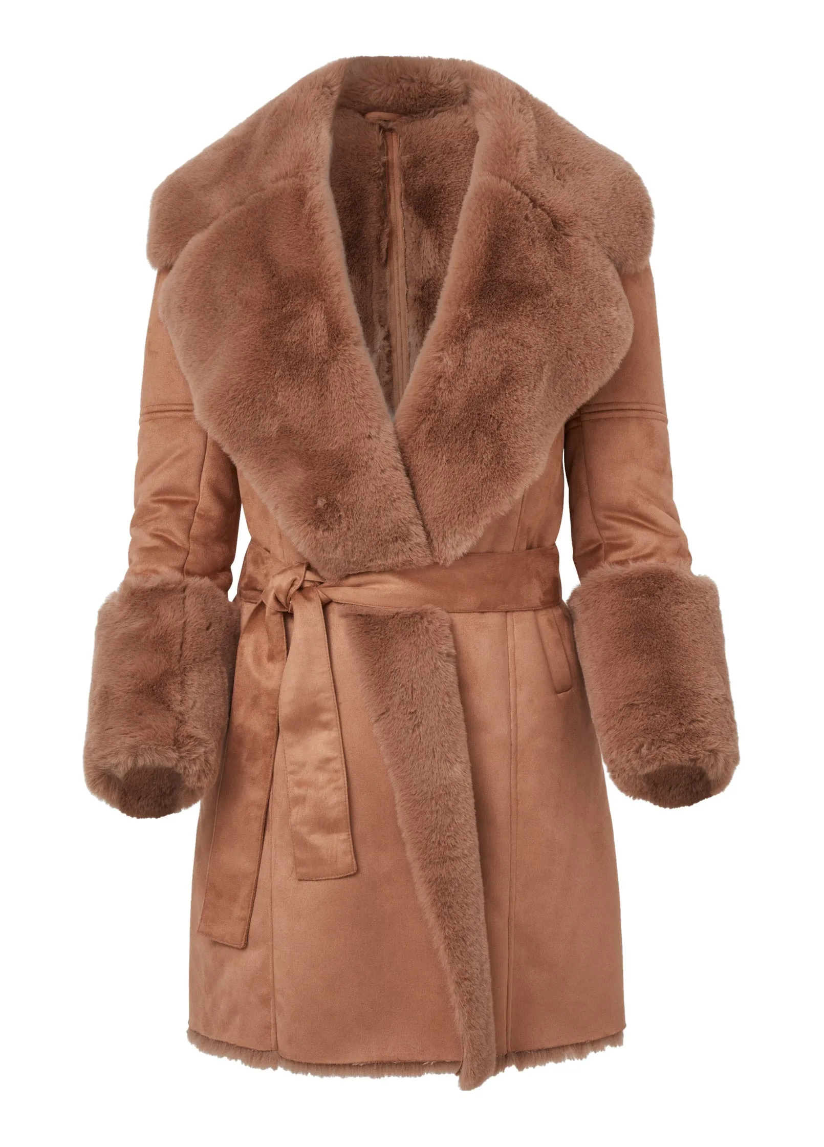 Faux Fur And Suede Coat - Camel