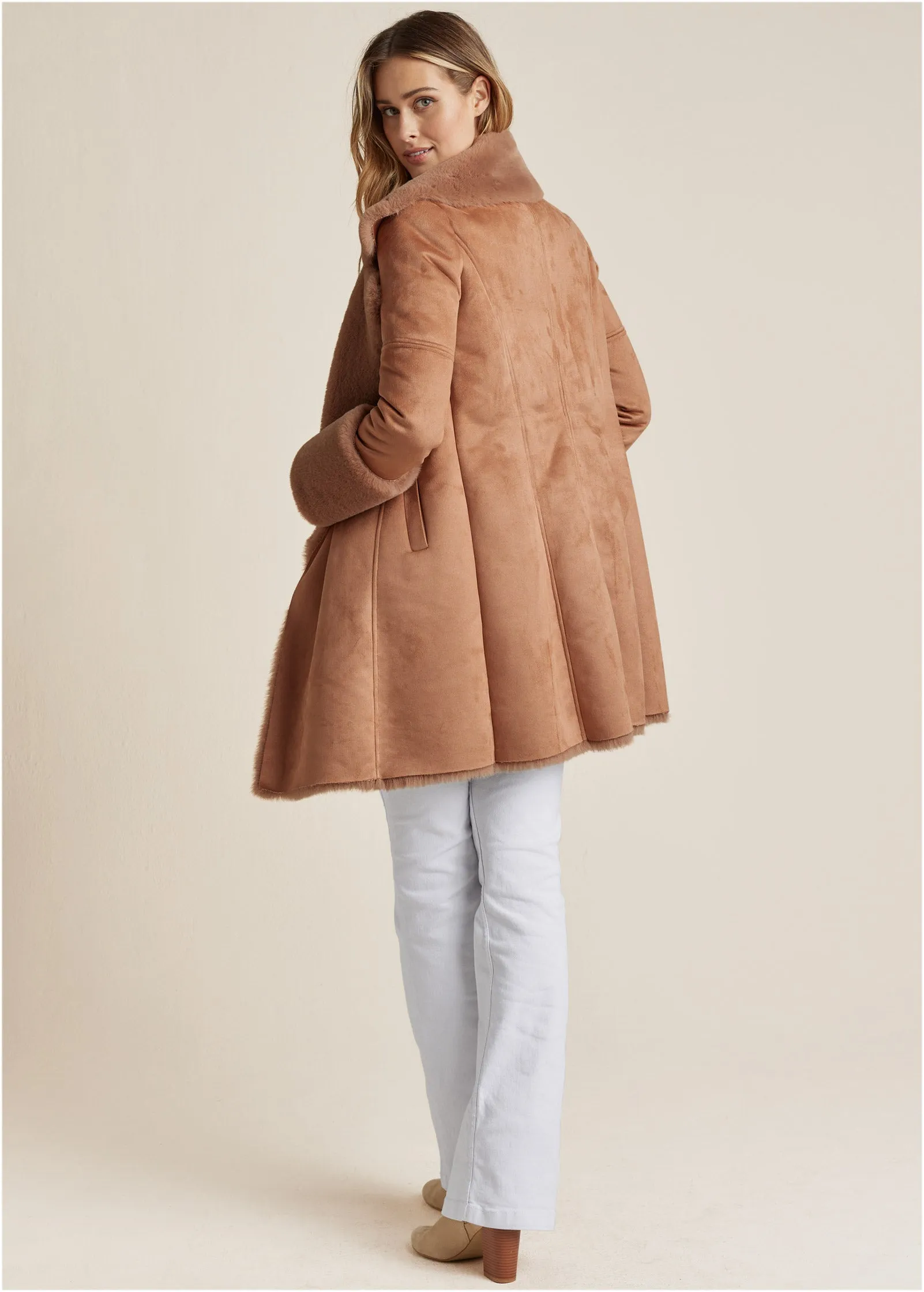 Faux Fur And Suede Coat - Camel