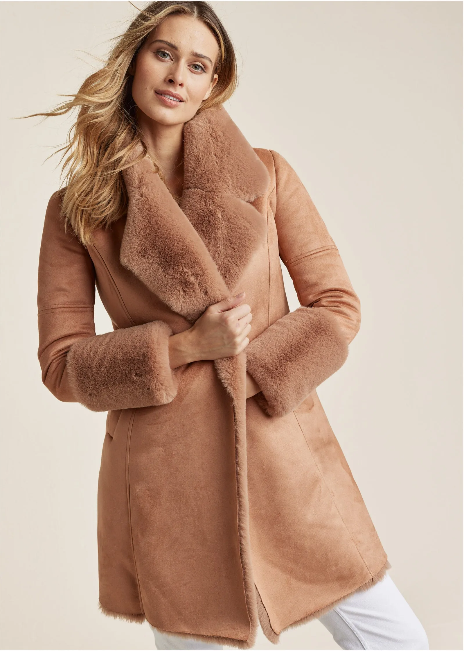 Faux Fur And Suede Coat - Camel