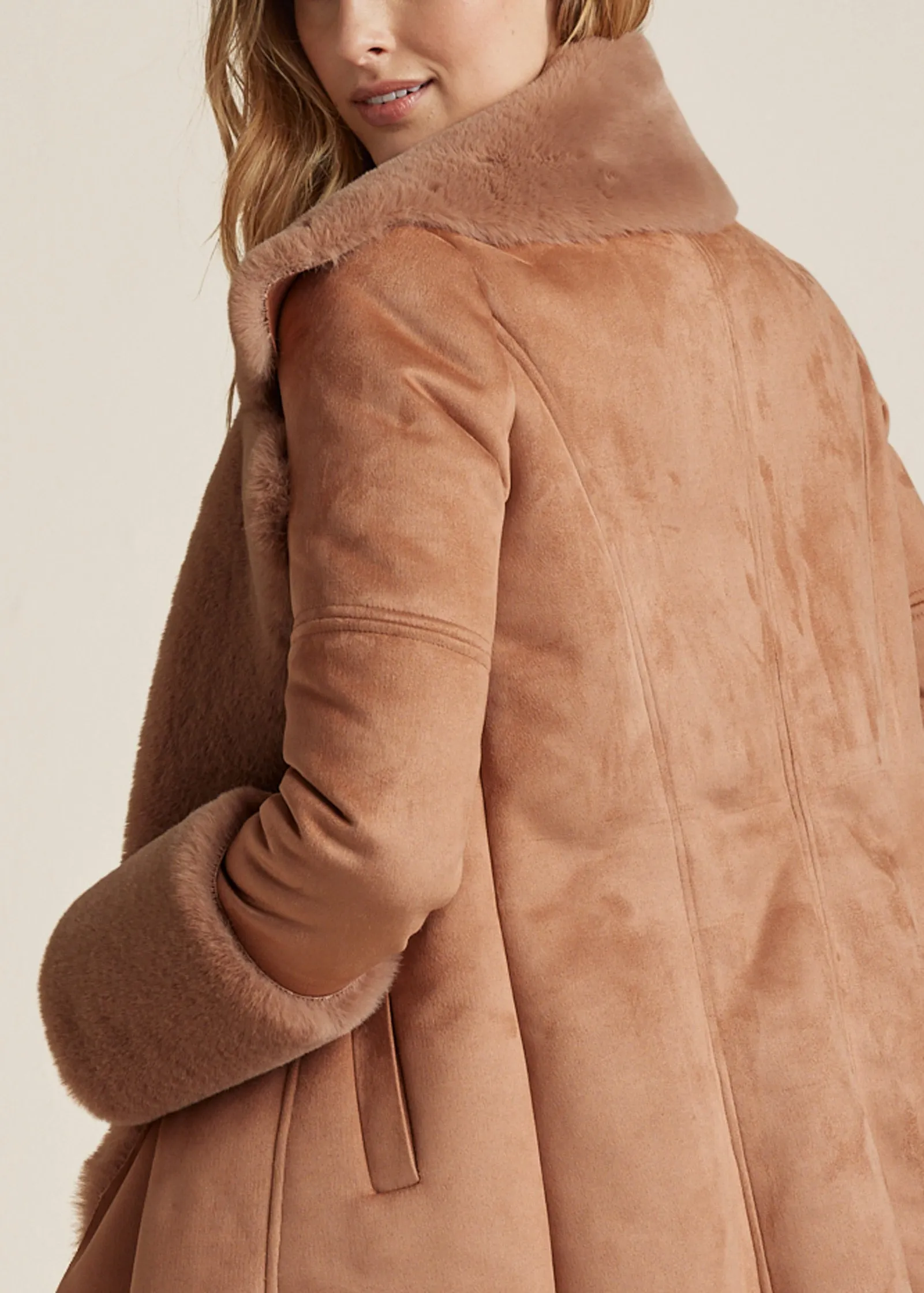 Faux Fur And Suede Coat - Camel