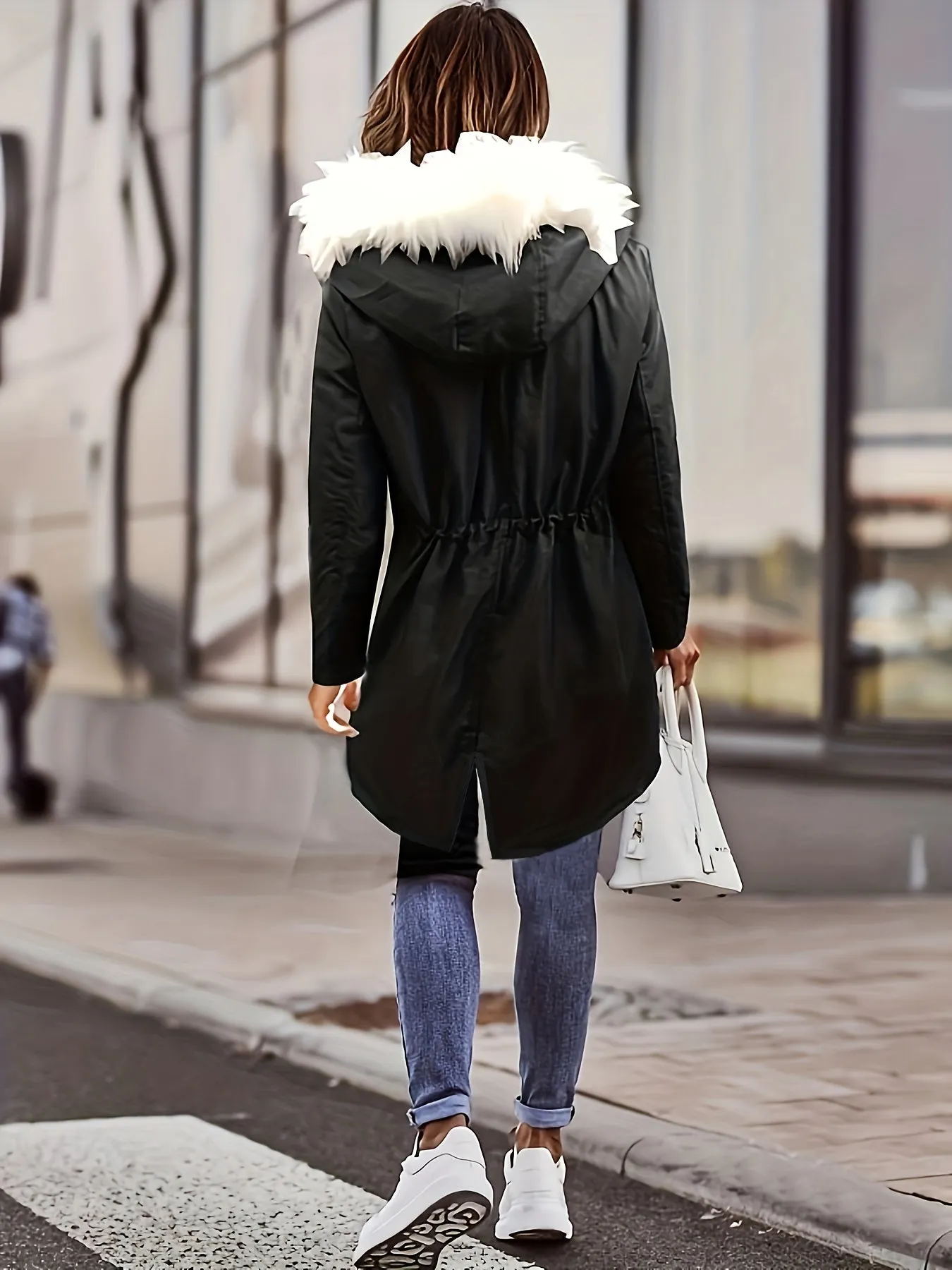 Faux Fur Hood Drawstring Parka Coat