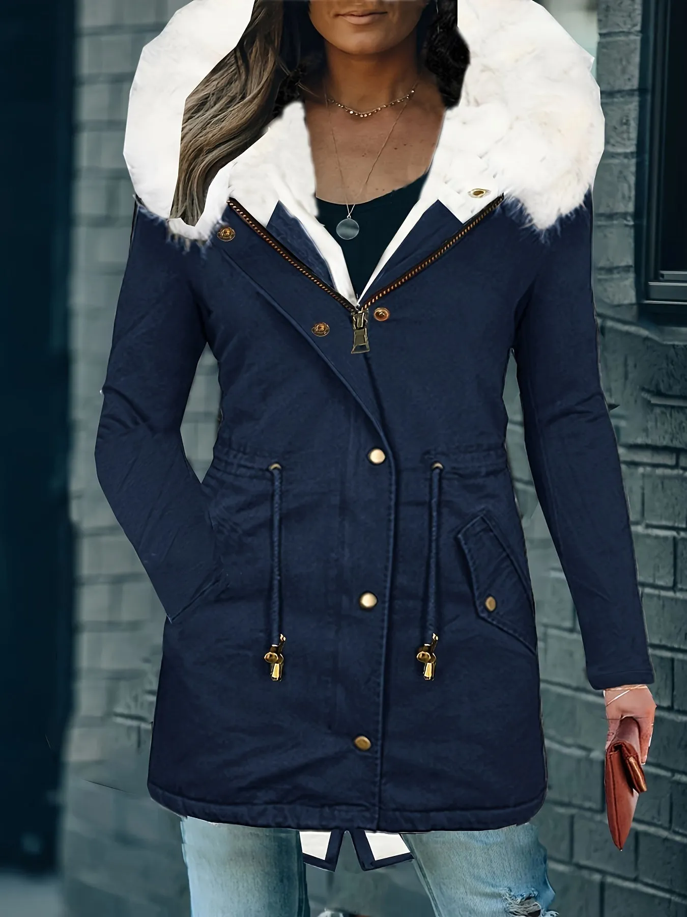 Faux Fur Hood Drawstring Parka Coat