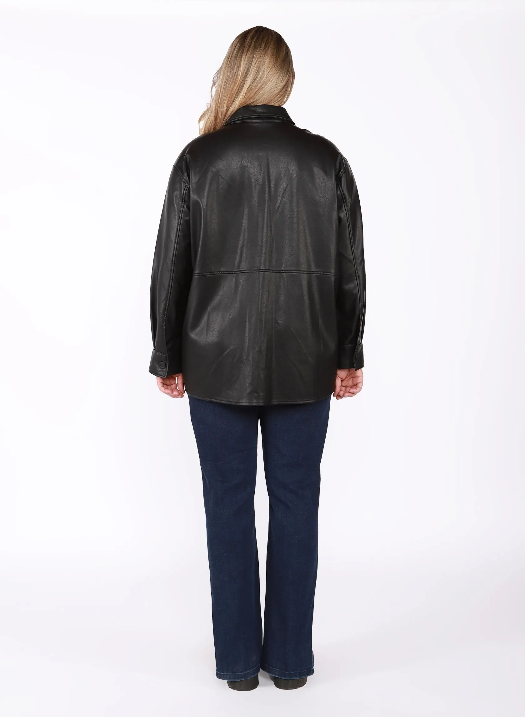 Faux Leather Overshirt in Black