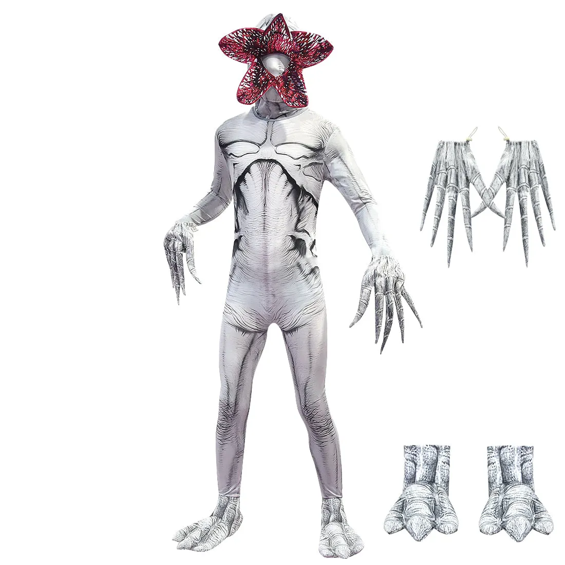 FC252B - White Monster Halloween Costume Zentai Jumpsuit with Piranha Mask for Kids Boys