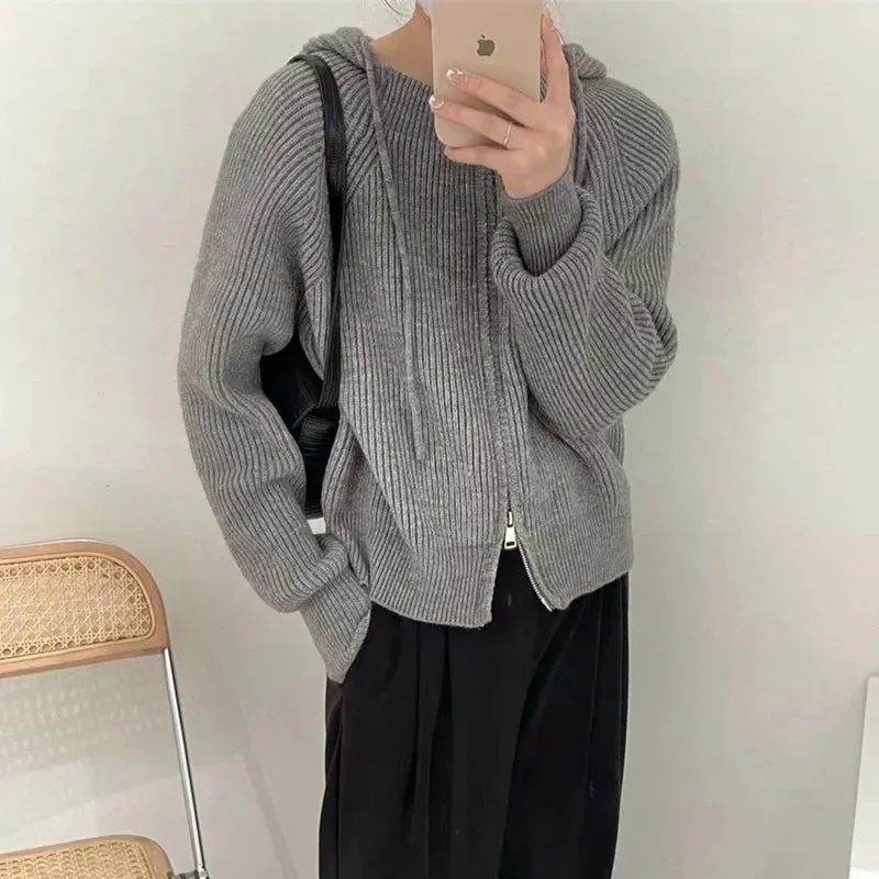 Flytonn-double zipper hooded knitted cashmere cardigan women's autumn winter loose sweater short style hoodie casual wool coat