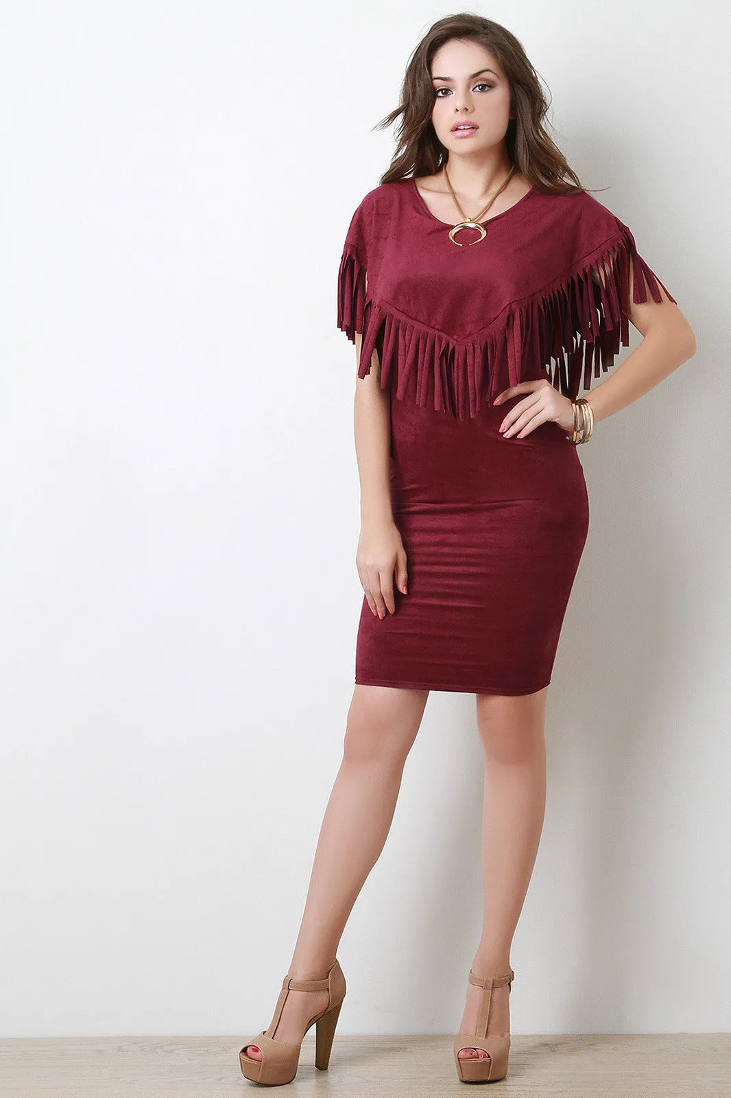 Fringe Cape Vegan Suede Dress