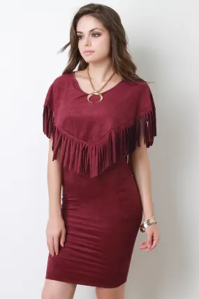 Fringe Cape Vegan Suede Dress