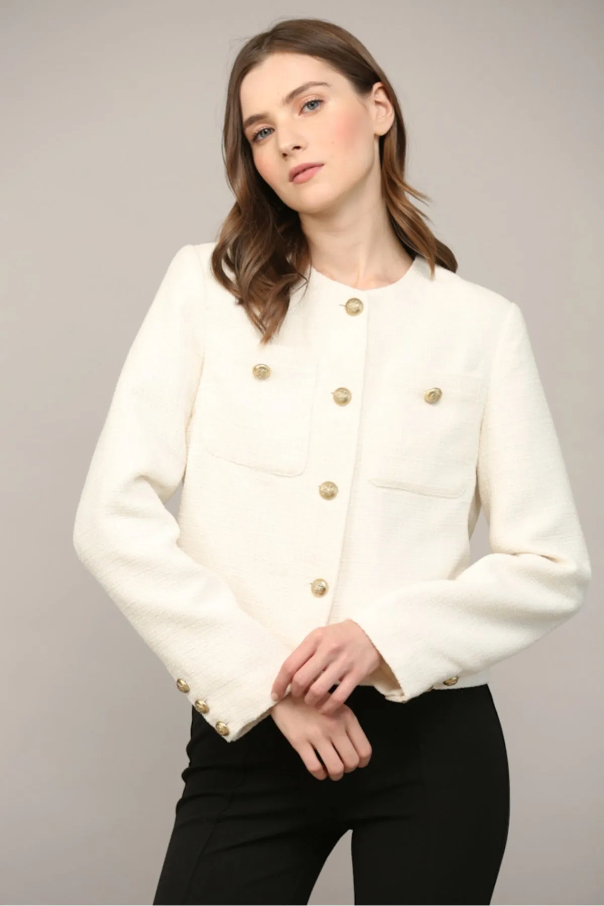 Front Patch Pocket Tweed Jacket