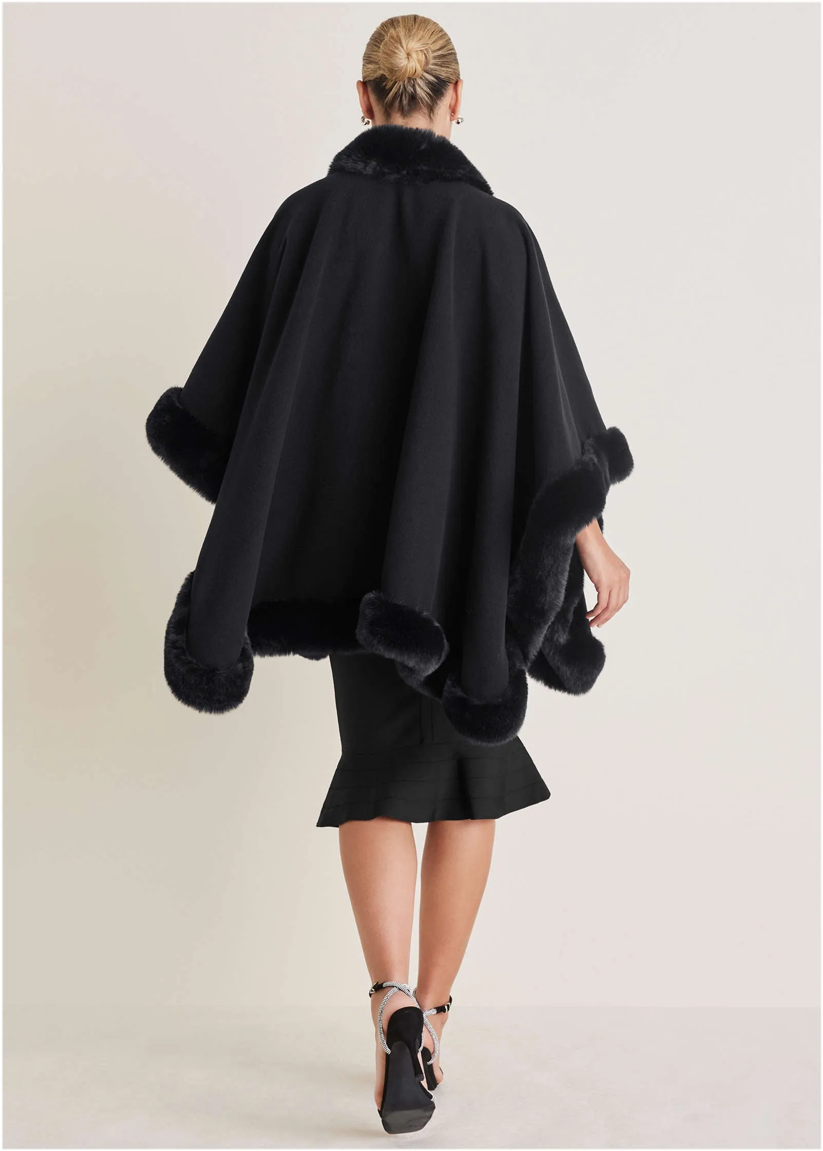 Fur Trim Wrap Shawl - Black