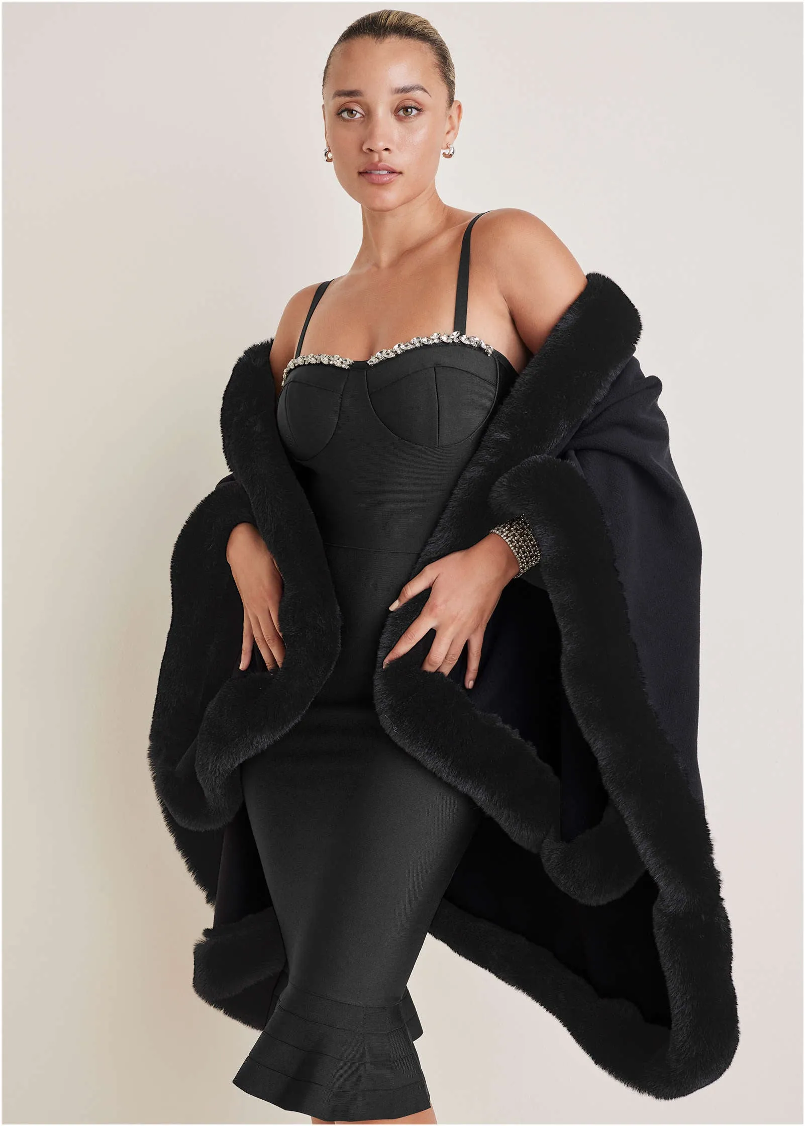 Fur Trim Wrap Shawl - Black