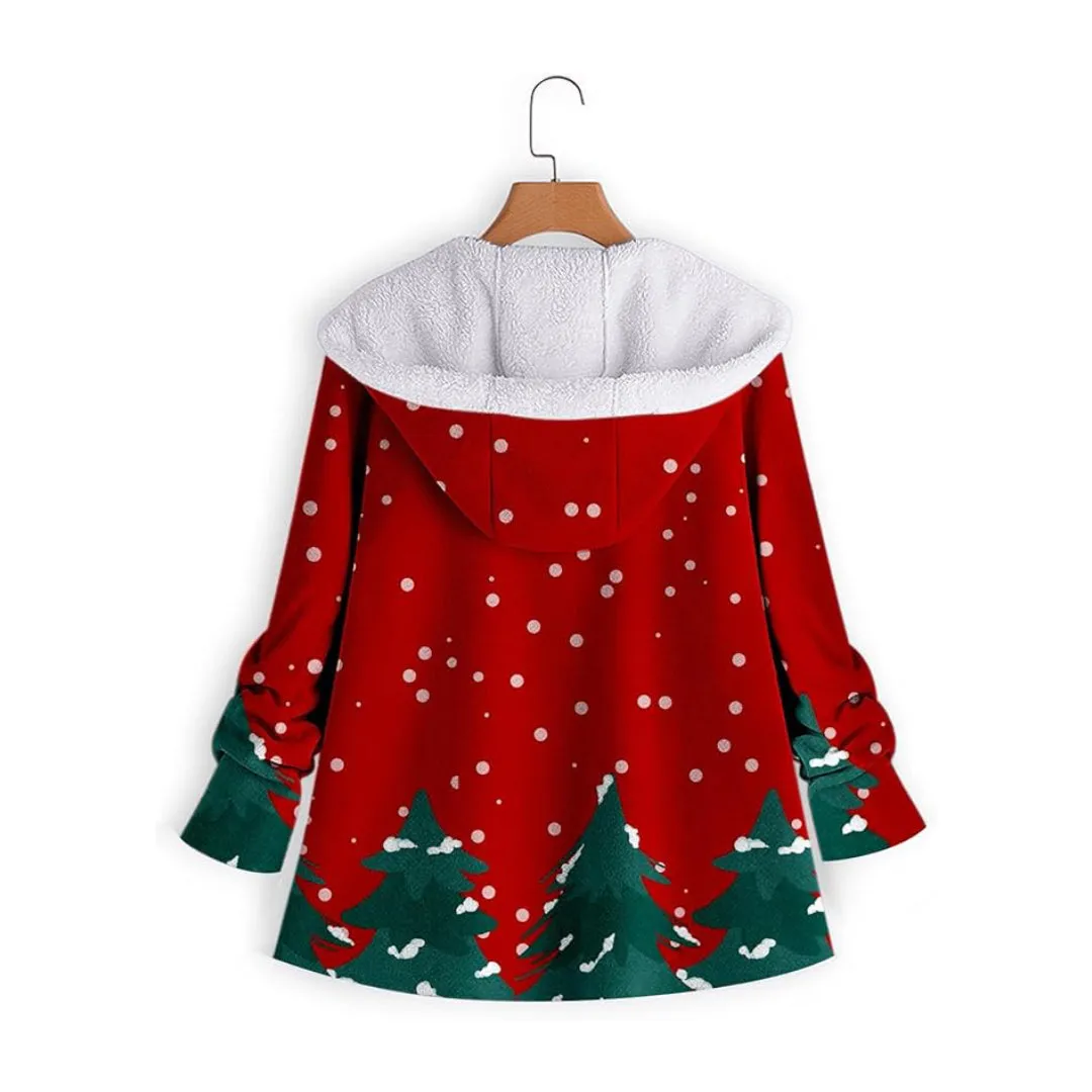 Fuzzy Xmas Print Outwear Fleece Coat