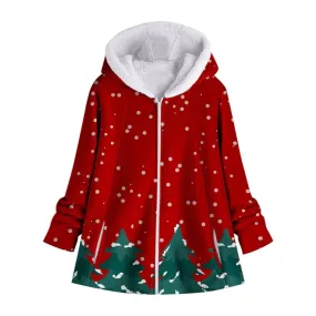 Fuzzy Xmas Print Outwear Fleece Coat