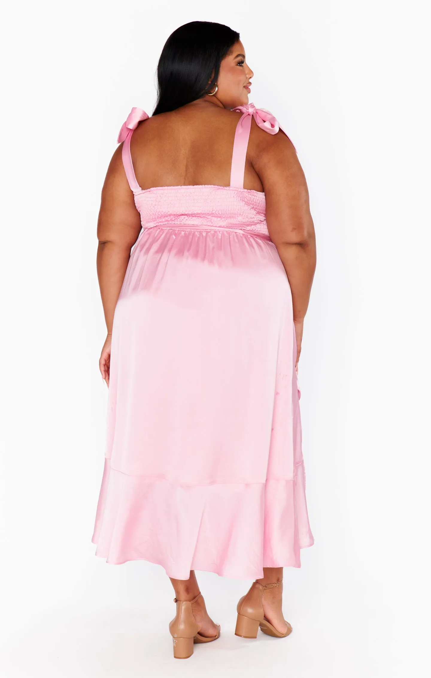 Garden Midi Dress ~ Light Pink Luxe Satin