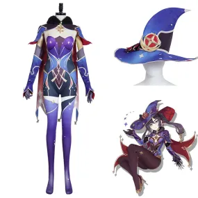 Genshin Impact Mona Megistus Cosplay Costume Anime Astrologist Purple Uniform Halloween Party Dress