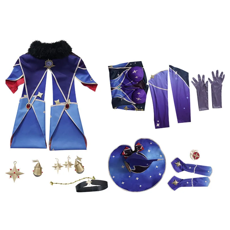 Genshin Impact Mona Megistus Cosplay Costume Anime Astrologist Purple Uniform Halloween Party Dress