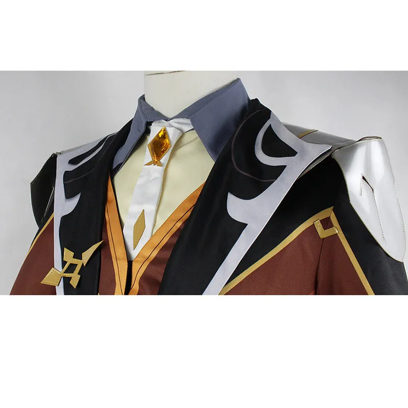 Genshin Impact Zhongli Cosplay Costume Anime Morax Brown Suit Wigs Shoes