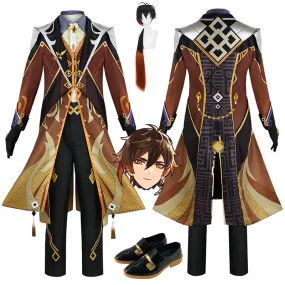 Genshin Impact Zhongli Cosplay Costume Anime Morax Brown Suit Wigs Shoes