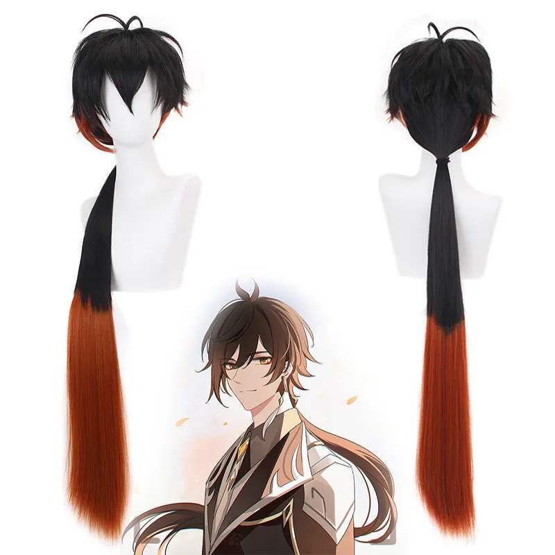 Genshin Impact Zhongli Cosplay Costume Anime Morax Brown Suit Wigs Shoes