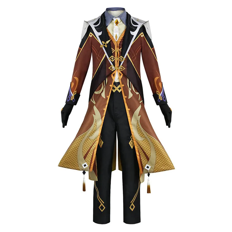 Genshin Impact Zhongli Cosplay Costume Anime Morax Brown Suit Wigs Shoes