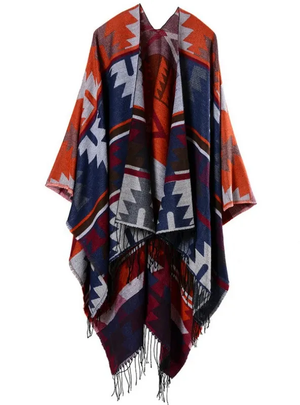 GEOMETRIC RHOMBIC LENGTHENED CAPE WITH SPLIT SHAWL