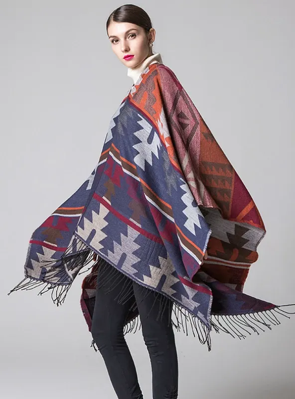 GEOMETRIC RHOMBIC LENGTHENED CAPE WITH SPLIT SHAWL