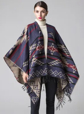 GEOMETRIC RHOMBIC TASSEL CAPE WITH SPLIT SHAWL