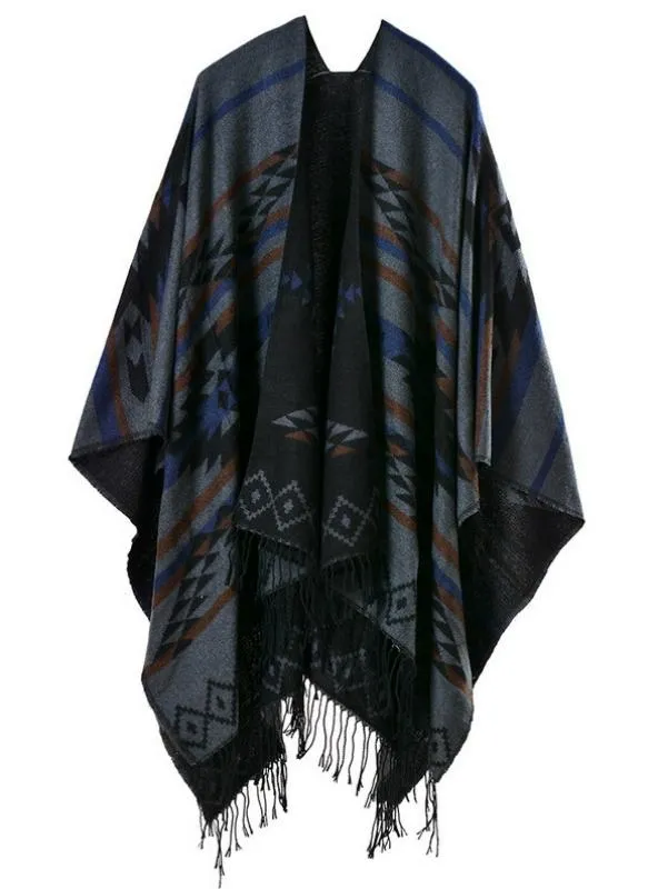 GEOMETRIC RHOMBIC TASSEL CAPE WITH SPLIT SHAWL