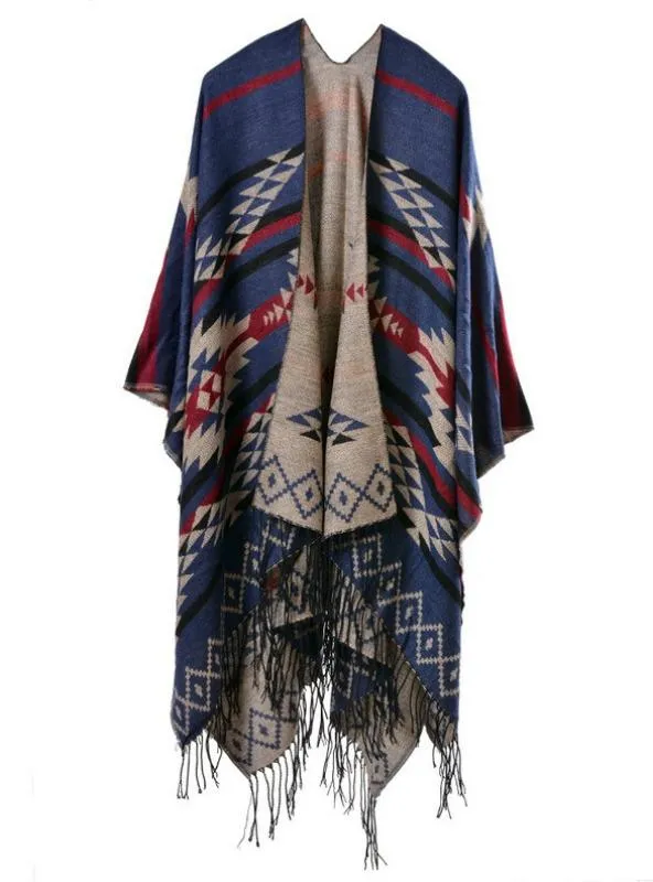 GEOMETRIC RHOMBIC TASSEL CAPE WITH SPLIT SHAWL