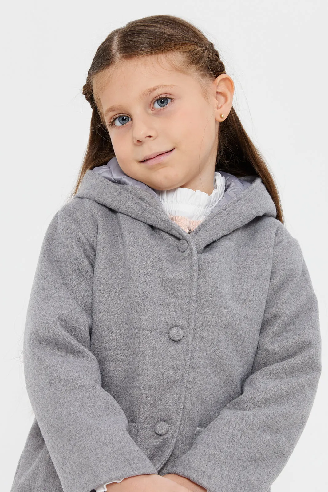 Girls Grey Fake Wool Hooded Jacket