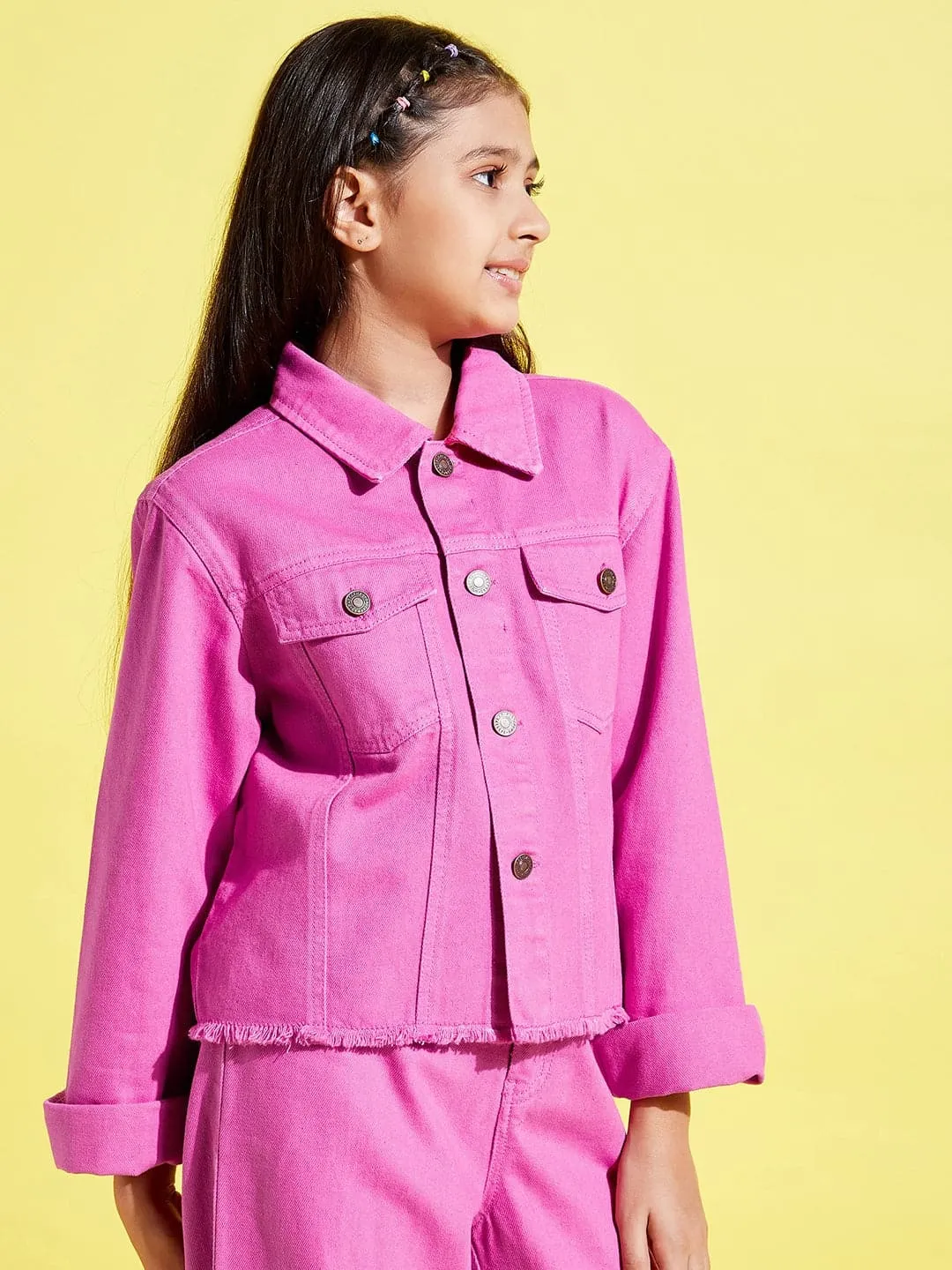 Girls Pink Raw Hem Denim Crop Jacket