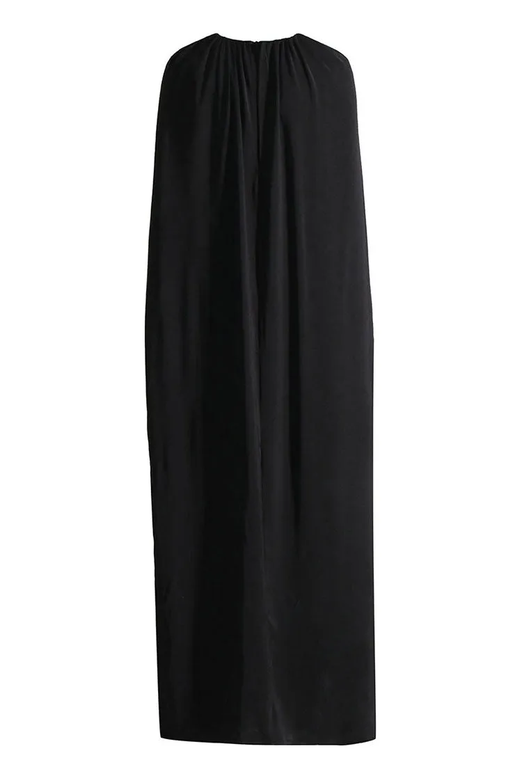 Goddess Ruched Crew Neck Tailored Waist Capelet Evening Maxi Dress