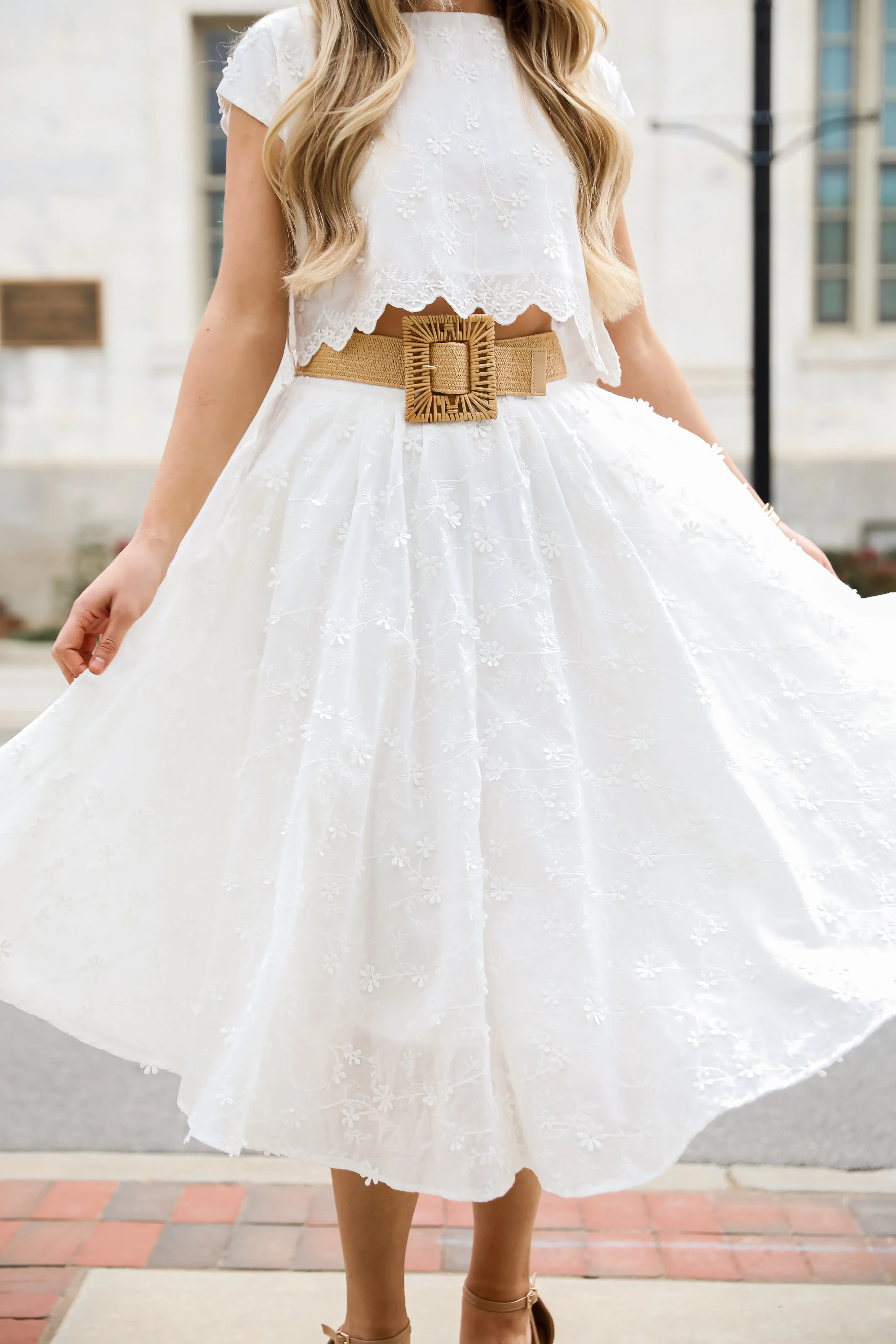 Graceful Entrance White Floral Midi Skirt