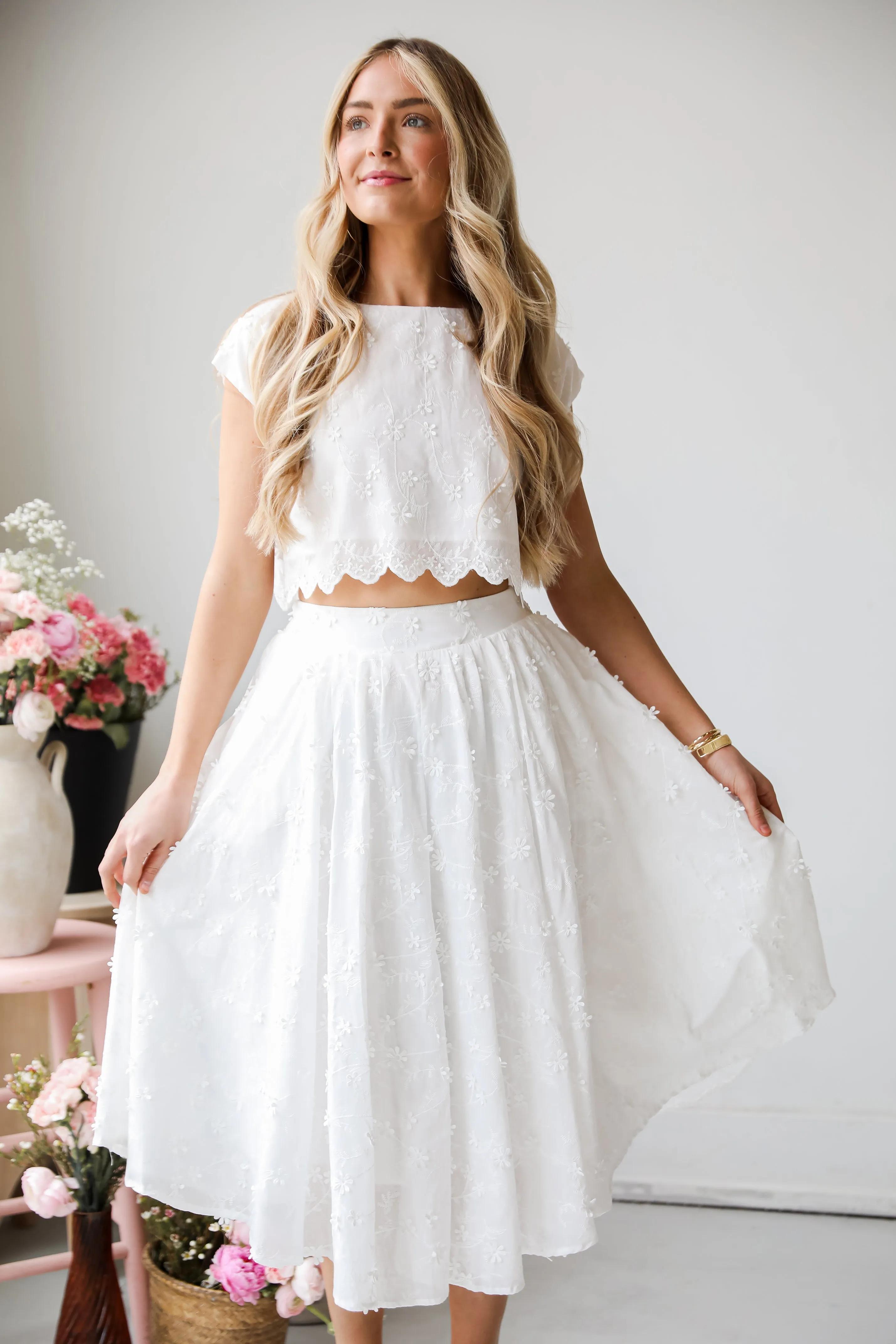 Graceful Entrance White Floral Midi Skirt