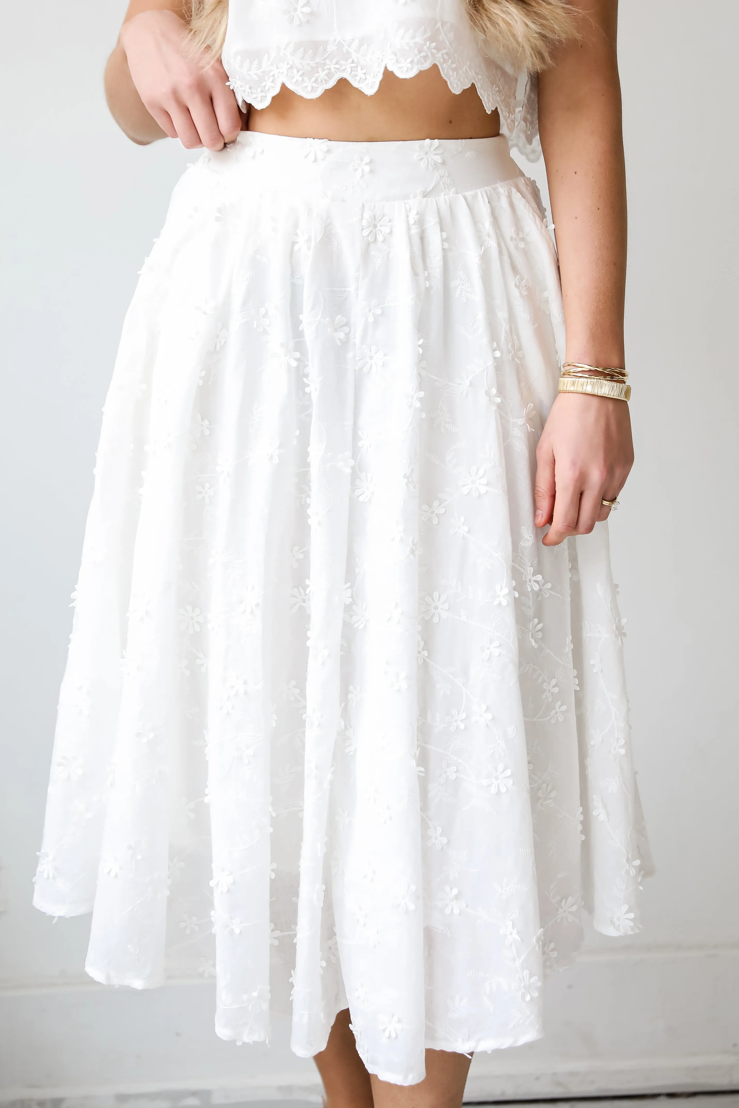 Graceful Entrance White Floral Midi Skirt