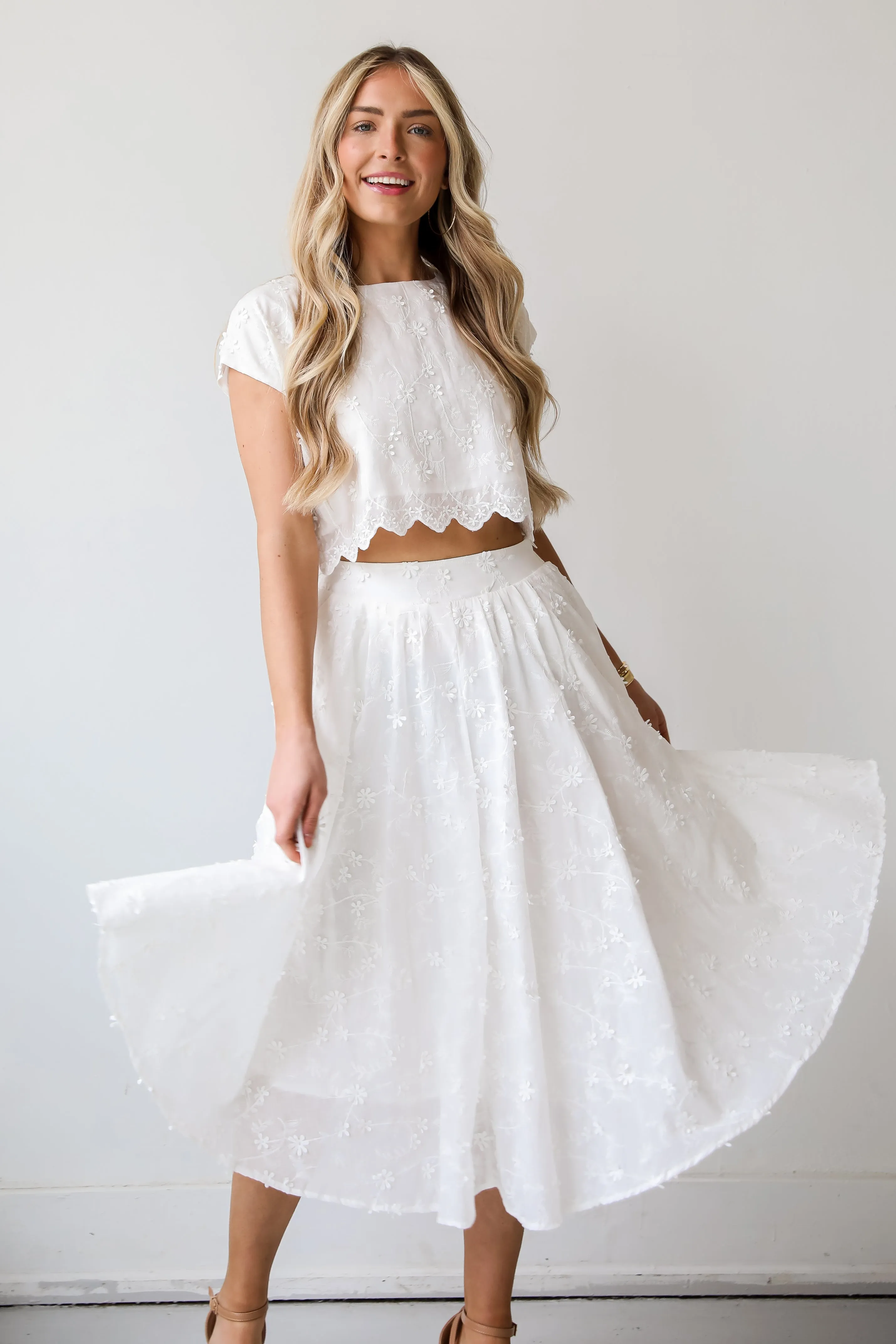 Graceful Entrance White Floral Midi Skirt