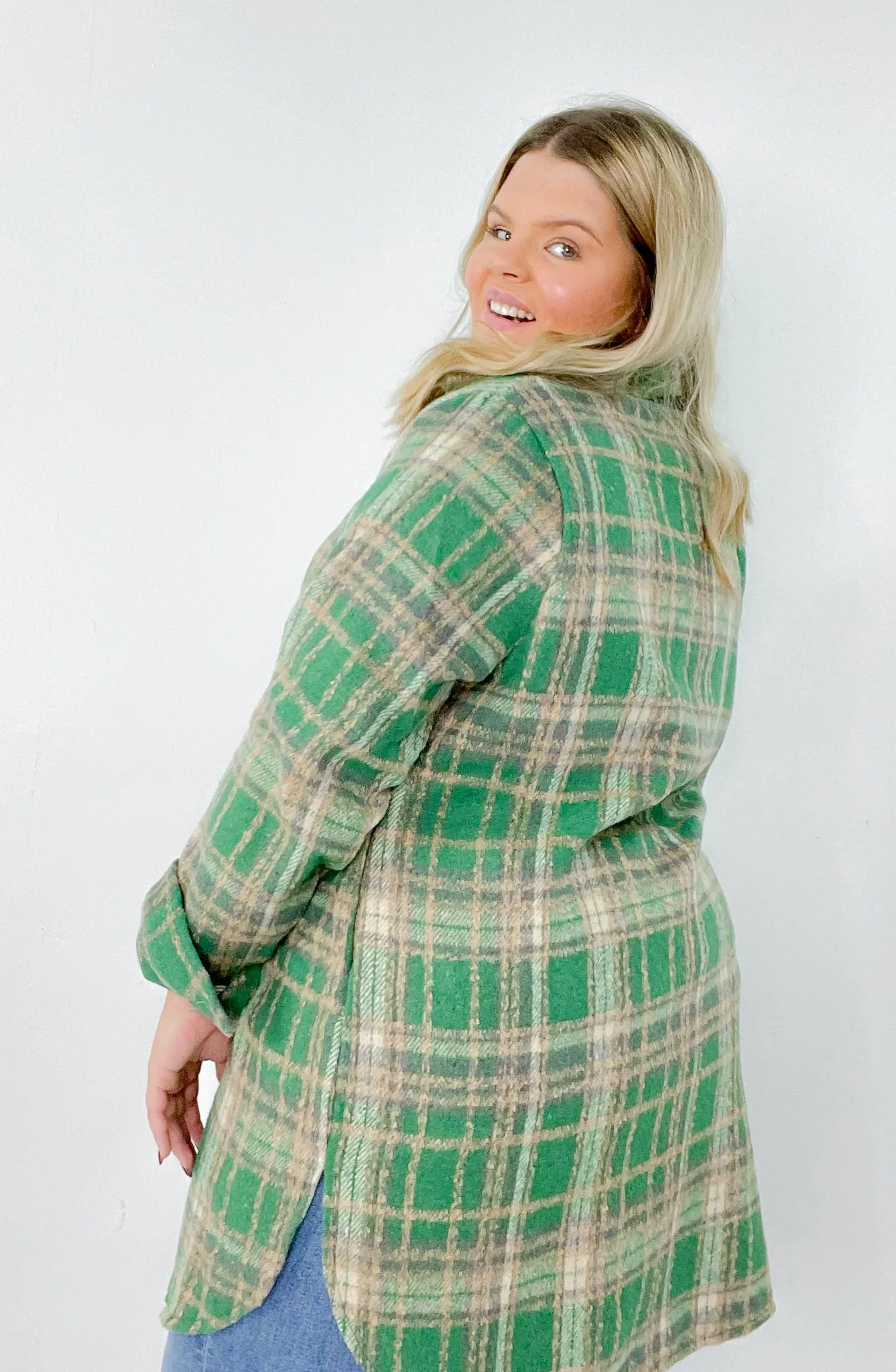 Green Plaid Curvy Flannel Shacket