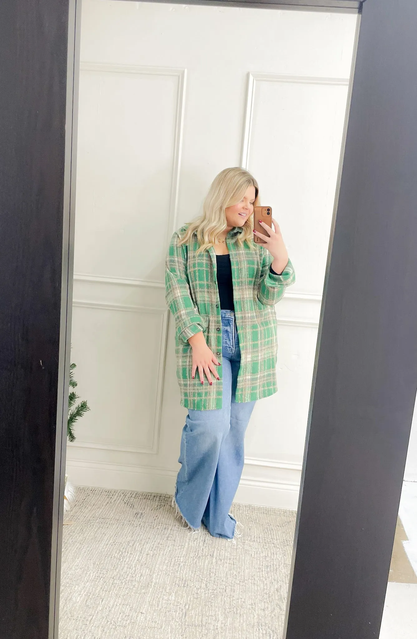 Green Plaid Curvy Flannel Shacket