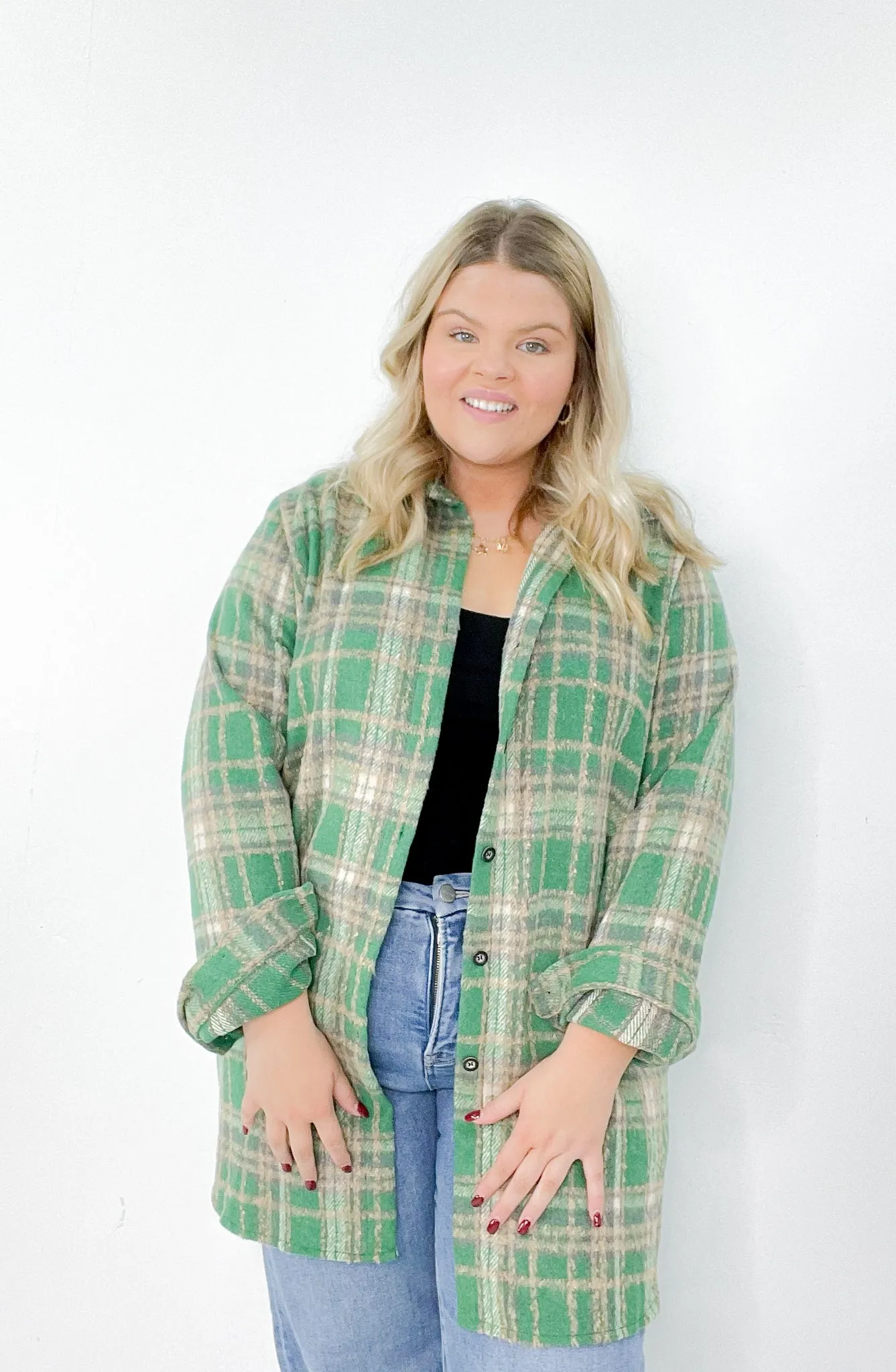 Green Plaid Curvy Flannel Shacket