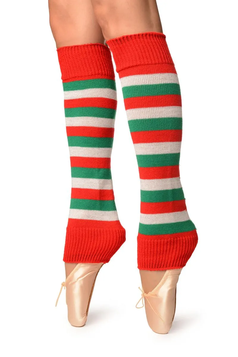 Green, Red And Lurex White Stripes Dance/Ballet Leg Warmers