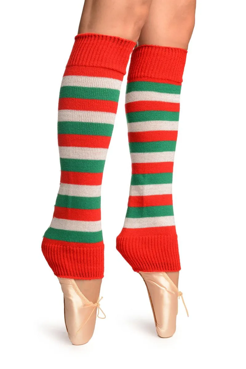 Green, Red And Lurex White Stripes Dance/Ballet Leg Warmers