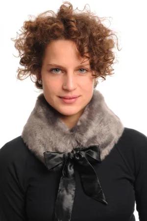 Grey Faux Fur Collar With Satin Bow Collar Scarf